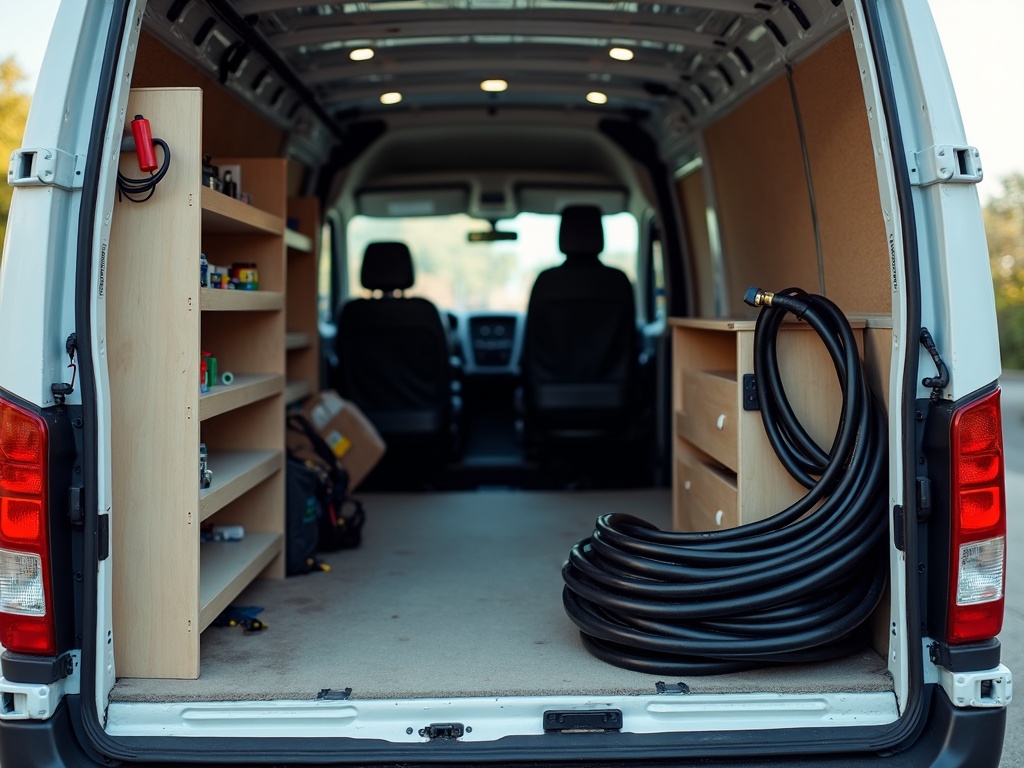 A coiled hose and organized equipment in the back of a work van